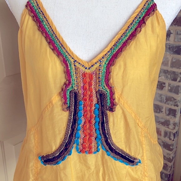 LeShop Butter Yellow Silk Blend Racer Back Cami Tank Top Boho Embroidered Size L - Picture 3 of 12